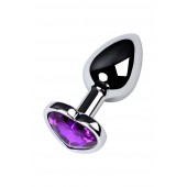 Серебристая коническая анальная пробка с фиолетовым кристаллом-сердечком - 7 см. - ToyFa - купить с доставкой в Березниках