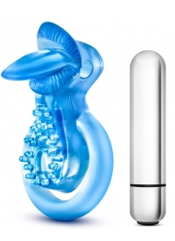 Голубое эрекционное виброкольцо 10 Function Vibrating Tongue Ring - Blush Novelties - в Березниках купить с доставкой