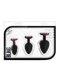 Набор черных анальных пробок с красным кристаллом-сердечком Bling Plugs Training Kit - Blush Novelties - купить с доставкой в Березниках