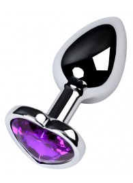 Серебристая коническая анальная пробка с фиолетовым кристаллом-сердечком - 7 см. - ToyFa - купить с доставкой в Березниках