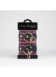 Черные кожаные наручники с розовой строчкой - Crazy Handmade - купить с доставкой в Березниках