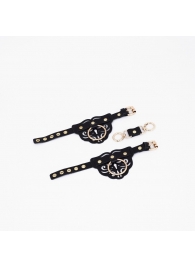 Черные кожаные наручники с клепками, кольцами и золотистой фурнитурой - Crazy Handmade - купить с доставкой в Березниках