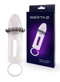 Закрытая насадка на пенис с подхватом мошонки и стимулирующими «ресничками» - Sextaz - в Березниках купить с доставкой