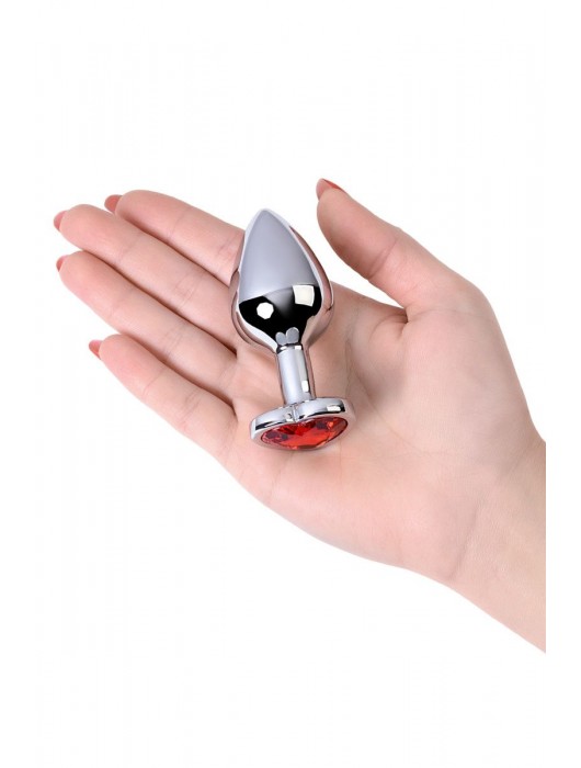 Серебристая коническая анальная пробка с красным кристаллом-сердечком - 7 см. - ToyFa - купить с доставкой в Березниках