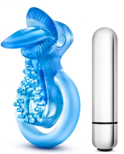 Голубое эрекционное виброкольцо 10 Function Vibrating Tongue Ring - Blush Novelties - в Березниках купить с доставкой