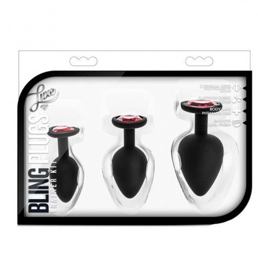 Набор черных анальных пробок с красным кристаллом-сердечком Bling Plugs Training Kit - Blush Novelties - купить с доставкой в Березниках