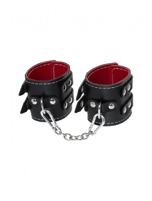 Черные кожаные наручники с двумя ремнями и красной подкладкой - Pecado - купить с доставкой в Березниках