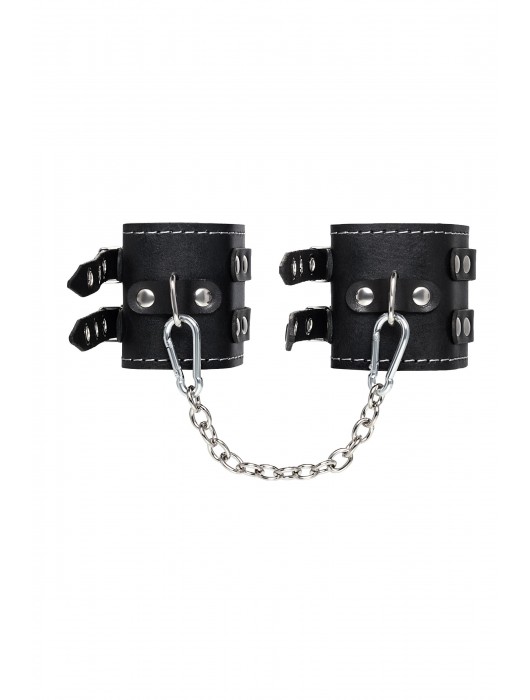 Черные кожаные оковы с двумя ремнями и красной подкладкой - Pecado - купить с доставкой в Березниках
