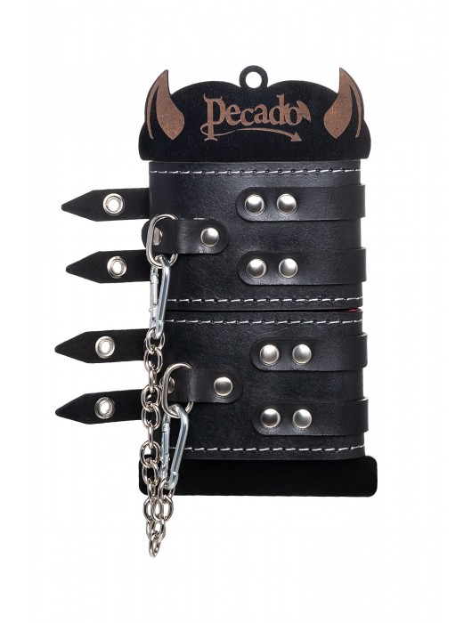 Черные кожаные оковы с двумя ремнями и красной подкладкой - Pecado - купить с доставкой в Березниках