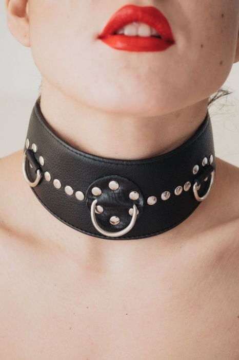 Чёрный кожаный ошейник с полукольцами и клёпками - БДСМ Арсенал - купить с доставкой в Березниках