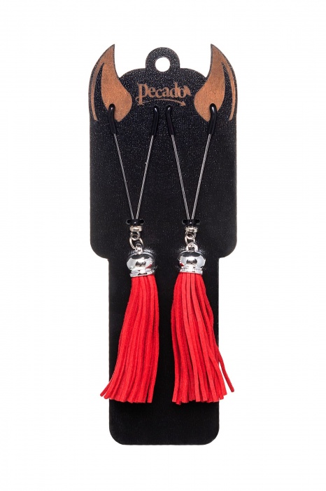 Зажимы на соски «Вилки» с красными кисточками из замши - Pecado - купить с доставкой в Березниках