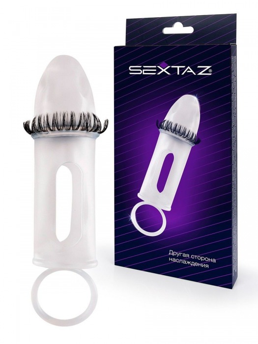 Закрытая насадка на пенис с подхватом мошонки и стимулирующими «ресничками» - Sextaz - в Березниках купить с доставкой