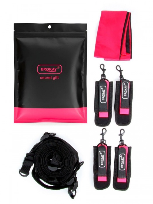 Черно-розовый эротический набор: фиксатор, оковы, наручники, повязка - Erokay - купить с доставкой в Березниках